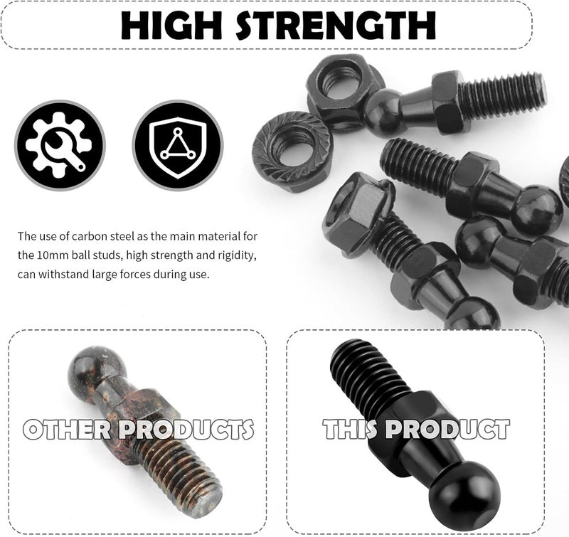 Figpade 4PCS 10mm Ball Stud with 4PCS Nuts Kit,Sturdy Gas Struts Studs with 5/16-18 Thread x 3/5" Long Shank Fits Gas Spring Strut,Practical Lift Support Strut Ball Stud - Image 4